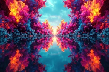 Distorted mirror image, vibrant color split, abstract shapes, abstract, lines, glitch