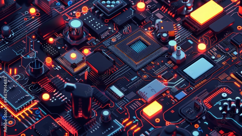 Poster detailed close-up of an abstract circuit board featuring illuminated components and intricate design