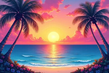 Obraz premium Tropical sunset watercolor backgrounds, soft gradients, vibrant hues , painting, summer, exotic