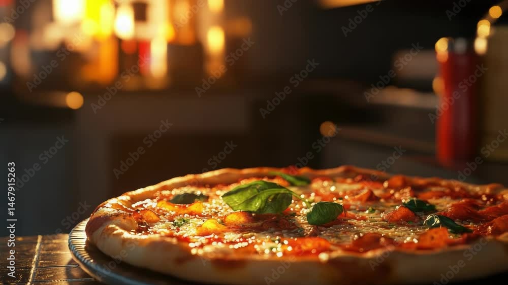 Poster a pizza sits on top of a pan on a table, ready to be served