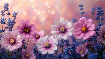 Pink cosmos with lavender, and sunset bokeh.