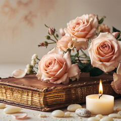 Vintage book with roses and candles on soft background, romantic still life setup