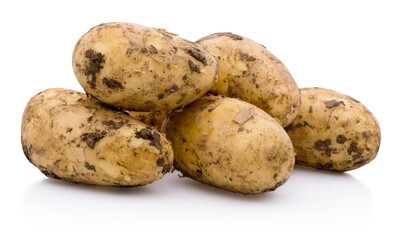 Dirty new white potatoes isolated on white background