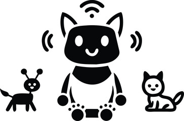 Adorable ai robot silhouette interacting playfully with pet animals vector art design
