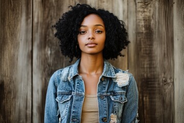 A stylish young woman with curly hair, poses confidently in a distressed denim jacket against a wooden backdrop.