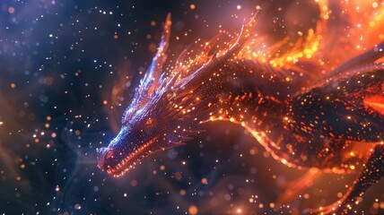 Fototapeta premium The abstract picture of vivid light particle converges into appearance of powerful dragon the symbol of astrology. Oriental style serpent painted by colorful color convey sense of fortune. AIG53.