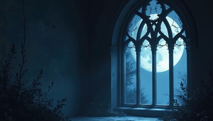 Fototapeta premium Gothic window with full moon night sky, embodying captivating fantasy concept. Mystical light, enchanting atmosphere, dark silhouette, serenity, romantic mood. Window structure with architectural