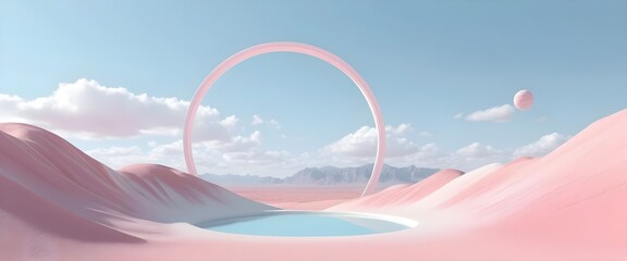 Surreal Pink Desert Landscape with Arch and Pool