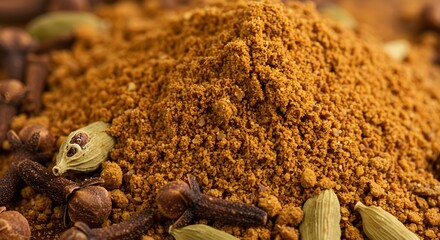 A close up shot of a pile of ground spices with cloves and cardamom pods around it