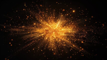 Obraz premium Golden explosion of light with radiating particles on a dark black plain background image