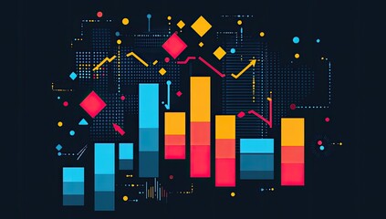 Obraz premium Data visualization of growth and decline, with stacked bar graphs and geometric shapes overlaid on a dark background. Complex digital network patterns and arrows accentuate the data trends