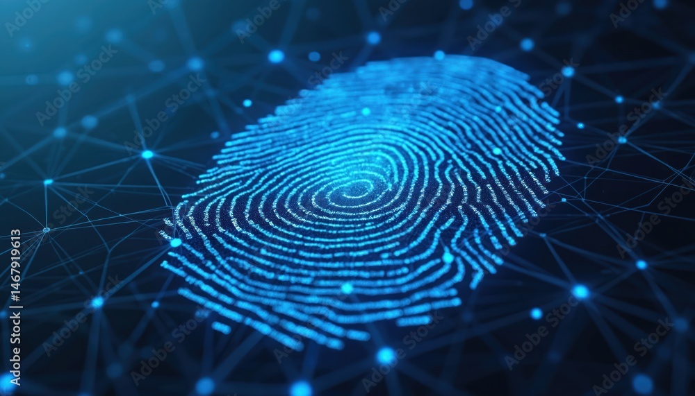 Poster digital blue fingerprint. authentication, biometric security concept. fingerprint scanning, identifi