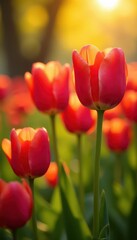 Fototapeta premium Vibrant tulips bask in golden sunlight, petals glowing , springtime, garden
