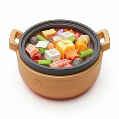 Colorful hot pot brimming with various ingredients.