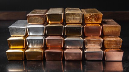 Stacked metal ingots in various colors.  Different  precious and base metals arranged in rows,  reflective surfaces,  and  dark background