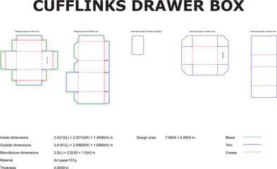 Detailed blueprint for cufflink drawer box packaging showing different layers of paper and design details with dimensions.