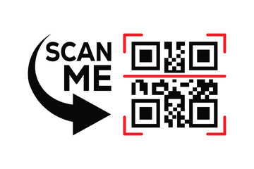 Minimalist black and white graphic design with bold 'SCAN ME' text, curved arrow, and hollow rectangles creating a QR code scan effect. Clean lines, symmetrical composition. Ideal for apps, websites, 