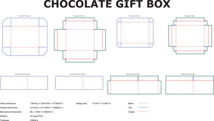 Detailed design blueprint for chocolate gift box with accurate dimensions and specifications for packaging design.
