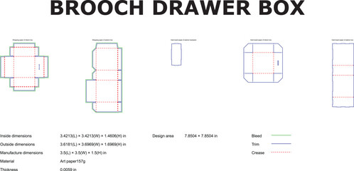 Vector illustration of a brooch drawer box template design with detailed dimensions ready for packaging and product presentation.