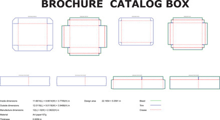 Detailed vector illustration presenting the precise packaging template and dimensions of various brochure catalog boxes layouts.
