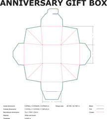 Detailed vector illustration of a gift box die-cut template, including dimensions, bleed lines, and crease lines for easy assembly.