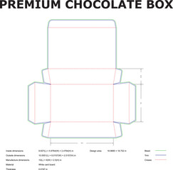 Vector illustration of a premium chocolate box packaging template design with dimensions for confectionary and food packaging