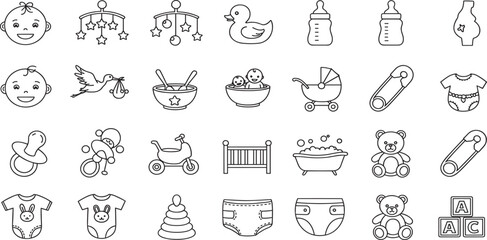 Baby care editable stroke outline icons set isolated on white background flat vector illustration.