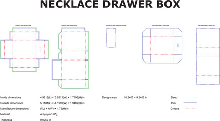 Detailed technical drawing of a necklace drawer box blueprint featuring precise dimensions for packaging designs.