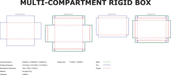 Technical illustration of multi-compartment rigid box templates design layouts for packaging and product manufacturing