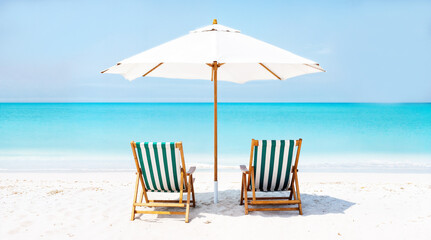 Beautiful tropical island scenery, two sun beds, loungers, umbrella under palm tree. White sand, sea view with horizon, idyllic blue sky. Inspirational beach resort hotel. High quality photo © Lissa