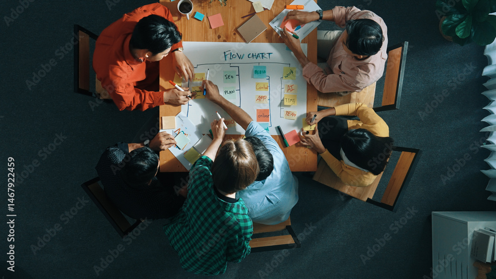 Poster top view of smart people writing and making scrum task board while writing plan and planning strateg
