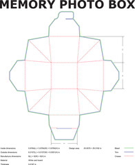 Detailed blueprint of a memory photo box with dimensions and crease lines for packaging and design.