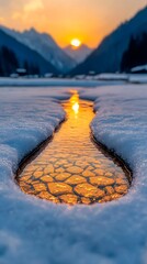 Sunset Reflecting in Snowy Stream, Mountain Landscape
