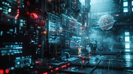 Abstract of chip on complex circuit with digital technology style design and the electric light graphic show dynamic movement represent about processor algorithm process on high tech device. AIG53.