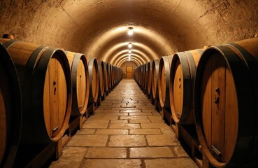 Oak wooden barrels aging wine in underground cellar. Dark indoor storage with brick floor. Wine aging process in cellar. Perfect storage facility for spirit drinks production industry.