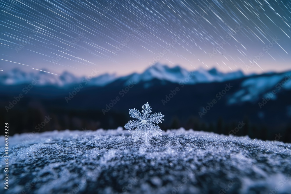 Poster a single snowflake rests on a snow-covered surface against a backdrop of mountains and star trails.