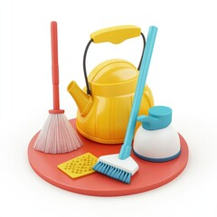 Colorful cleaning supplies arranged on a round platform.