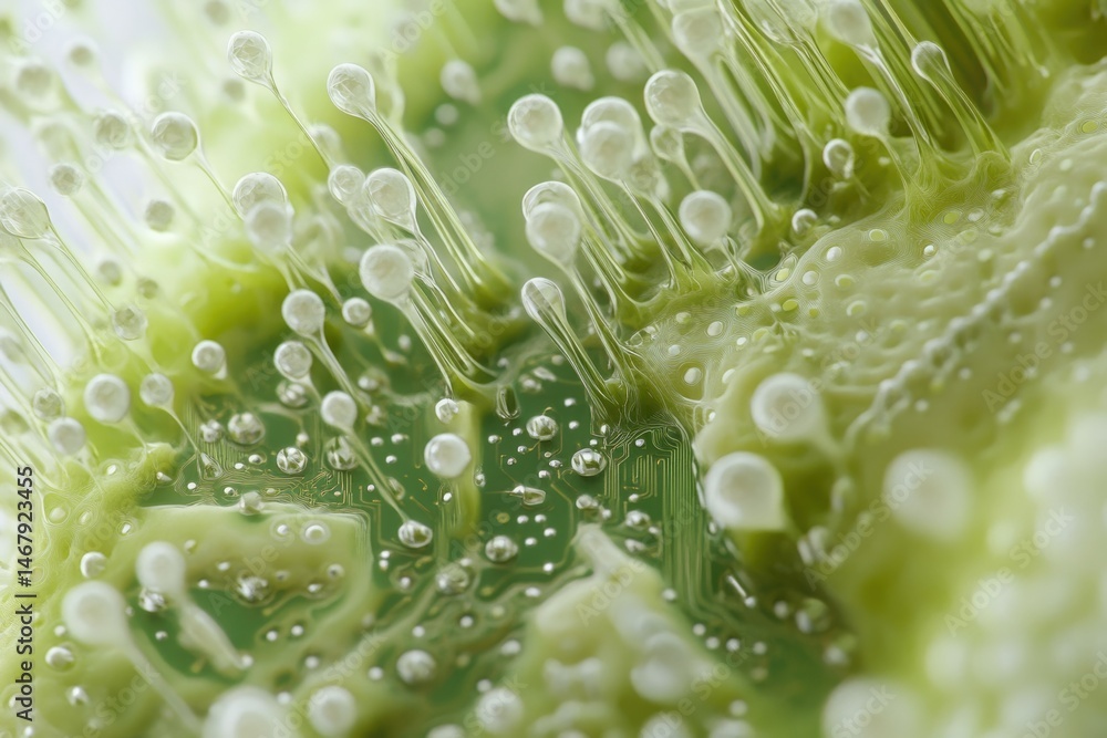 Poster microscopic view of a complex biological structure with numerous bulbous protrusions on a green surf