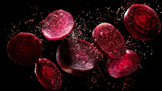 Sliced beetroots floating in mid-air, surrounded by vibrant spices against a dark background