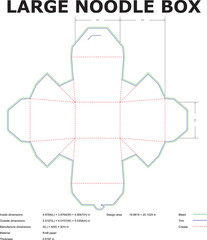 Blueprint template of a large noodle box layout with detailed dimensions and measurement guides for packaging design