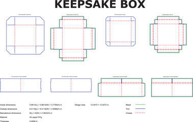 Detailed vector diagram of a keepsake box template with dimensions for precise packaging design and manufacturing.