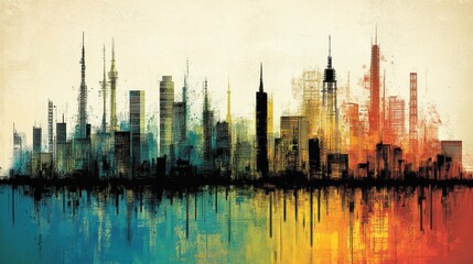Obraz premium Vibrant urban landscape illustration abstract cityscape with colorful reflections art painting style evocative metropolitan panorama