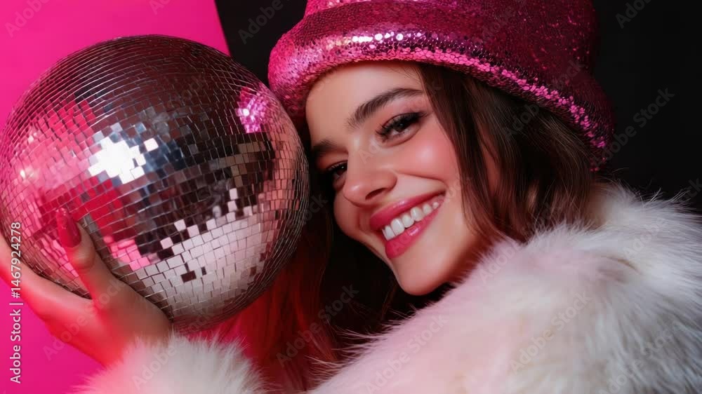 Poster a woman holds a shiny disco ball in front of her face, creating a fun and playful atmosphere