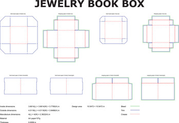 Detailed diagram showing the die cut template layout for a jewelry book box with dimensions and bleed lines