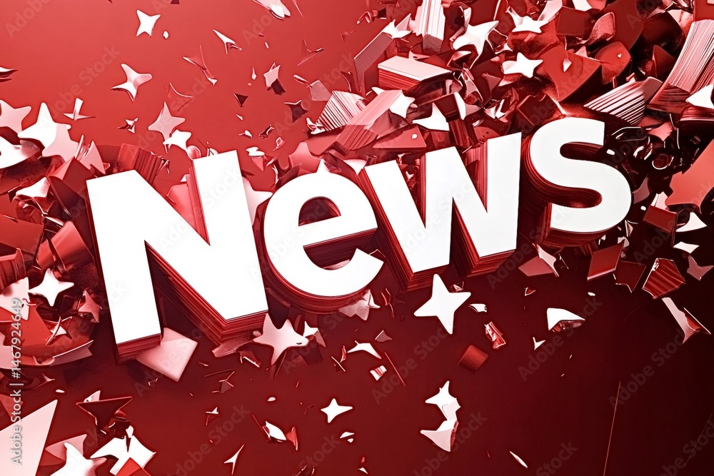 Poster white 3d news text exploding with red stars on a red background creates a dynamic visual representat