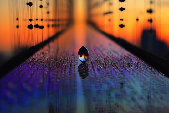 A glass orb reflects a vibrant sunset amidst a mesmerizing array of vertical lines and water droplets.