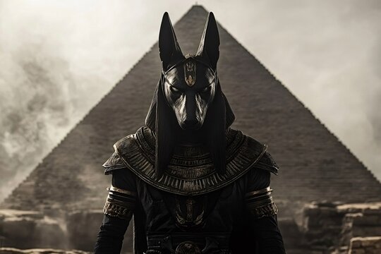 God anubis wearing a black jackal mask and ancient egyptian clothing standing majestically in front of a pyramid, symbolizing power, mystery, and ancient civilization