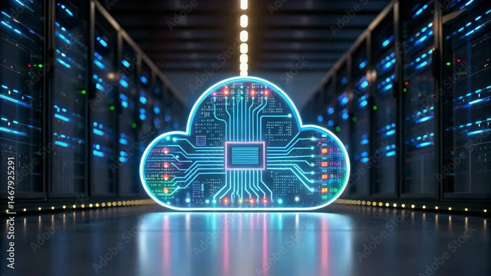 Poster a glowing cloud-based ai system analyzing vast amounts of big data.