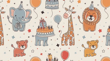 Fun Animal Birthday Party Illustration – Cute Cartoon Pattern for Kids