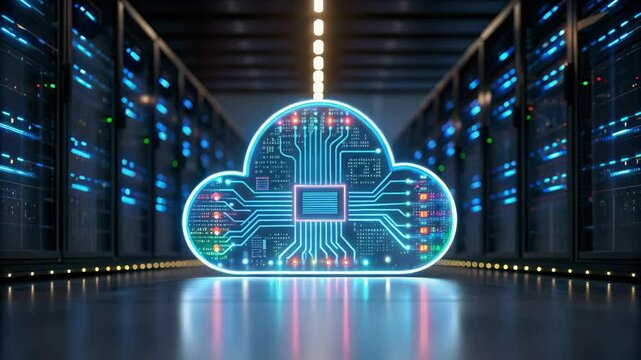A glowing cloud-based AI system analyzing vast amounts of big data.